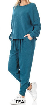 FRENCH TERRY DROP SHOULDER TOP & LOUNGE PANTS SET DEEP TEAL