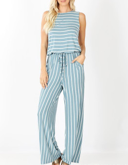 STRIPE SLEEVELESS JUMPSUIT WITH POCKETS