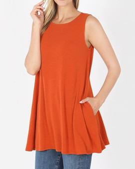 SLEEVELESS BOAT NECK FLARED TOP WITH POCKETS