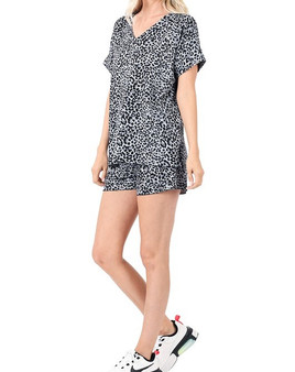 BRUSHED LEOPARD V-NECK TOP & SHORT SET
