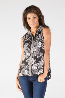Button Down Floral Sleeveless Shirt with Collar