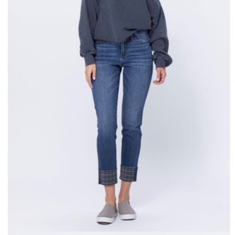 Judy Blue Mid Rise Plaid Print Cuff Slim Fit 