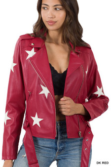 ZENANA VEGAN LEATHER STAR PATCH BELTED MOTO JACKET IN 3 COLORS