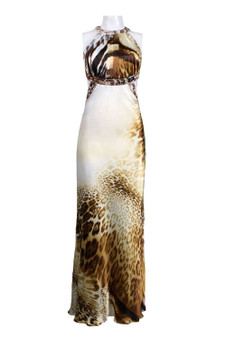 ADRIANNA PAPELL CUTAWAY SHOULDER OPEN BACK ANIMAL PRINT SATIN DRESS