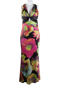 CACHET FLORAL SILK PLEATED BODICE CUTOUT OPEN BACK MERMAID FIT GOWN