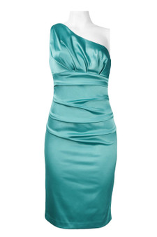 SUZI CHIN ONE SHOULDER RUCHED BODICE SATIN EMPIRE DRESS
