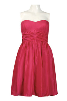 JESSICA SIMPSON STRAPLESS RUCHED WAIST SATIN CHIFFON FLARE DRESS