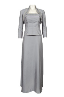CACHET TWO PIECE SATIN JACKET LONG DRESS WITH BEADED NECKLINE