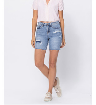 JUDY BLUE HIGH WAISTED MID LENGTH DENIM PATCH SHORTS