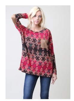 Aztec Print Long Sleeve Top With Patch Pocket