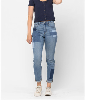 JUDY BLUE WOMENS HIGH WAIST DOUBLE ROLLED CUFF PATCH BOYFRIEND