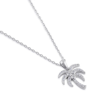Sterling Silver Clear CZ Palm Tree Necklace 16”