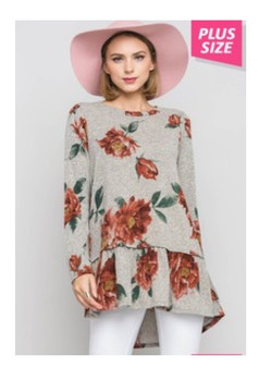 Plus Size Long Sleeve Floral Sweater with Ruffle Hem