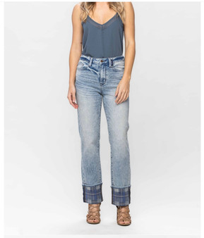 JUDY BLUE HIGH WAIST VINTAGE PLAID CUFF STRAIGHT JEANS