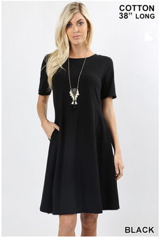 ZENANA COTTON BLEND SHORT SLEEVE A-LINE DRESS BLACK COLOR