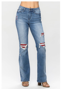 Judy Blue Plus Size Mid Rise Plaid Patch Detail Bootcut Jeans