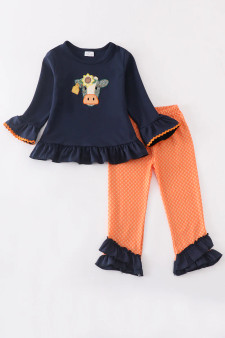 Honeydew Boutique Navy cow applique ruffle girl’s 2 piece set