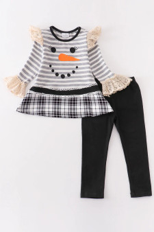 Grey Snowman Striped Ruffled Girl’s 2 Piece Set