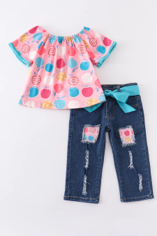 Honeydew Pink apple print denim girls pant set