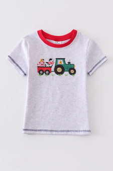 Grey farm tractor appliqué boys top