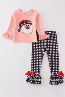 Abby & Evie Pink santa claus applique plaid girls set