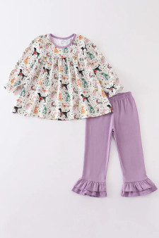 Honeydew Lavender Puppy print ruffle girls set