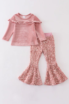 Honeydew Pink velveteen  sequin bell bottom pants set