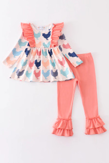 Honeydew Coral chicken print ruffle girls set