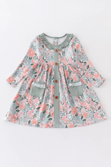 Honeydew floral print pocket girls dress with lace trim