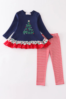 Abby & Evie Navy Farm Christmas tree applique ruffle girls set