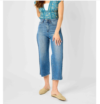 JUDY BLUE HIGH WAISTED BRAID SIDE SEAM DETAIL CROP WIDE