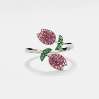 Tulip Flower Pink Crystal Bypass Ring in 925 Sterling Silver