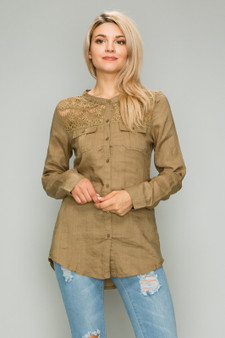 Woven Button Down Top with Lace Inserts