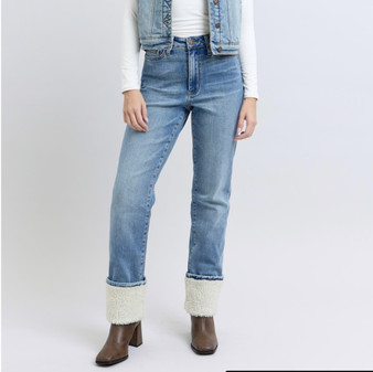 Judy Blue High Waist Shearling Cuff Straight Jeans