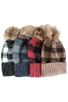 Pom Pom Buffalo Check Knit Hat Variety of Colors