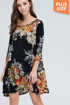PLUS SIZE FLORAL PRINT SWING DRESS WITH POCKETS