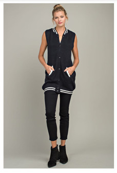 Button Front Stripe Pocket Letterman Vest Dark Navy