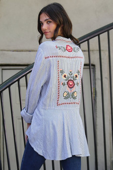 Nostalgia Striped Button Front Top with Embroidery