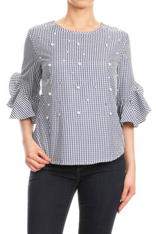 NINA ROSSI Women's Gingham Plaid Blouse with Pearl Accents Available in 2 Colors