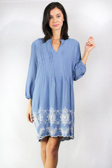 Women's Floral Embroidered Shift Dress with Pintucked Pleats