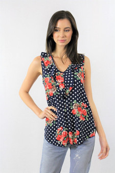 Women's Sleeveless Polka Dot and Floral Top with Ruffle Layer