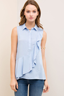 Solid Sleeveless Button-Down Blouse Featuring Ruffle Detail