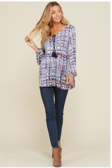  Front Tassel Tie Check Print Tunic Top 