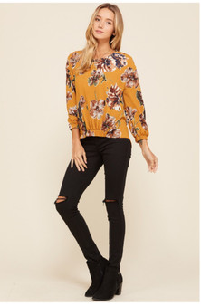 Hacci Knit Round Neck Long Sleeve Elastic Cuff Hi-Low Floral Top