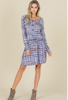  Check Print Long Sleeve Drawstring Waist Dress 