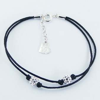 Sterling Silver and Double Strap Leather Bracelet with 6mm Czech Crystal Balls