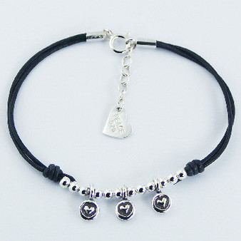 Sterling Silver Three Embossed  Hearts Leather Bracelet 
