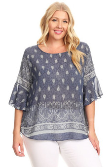 Plus Size Printed Top with 3/4 Length Sleeve and Curved Hem