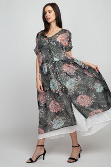 MAZEL Sheer Floral Pattern Dress with Button Front and Short Sleeve
