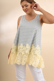 GIGIO Plus Size Striped Top Sleeveless Racer Back Tunic with Lace Applique Hem